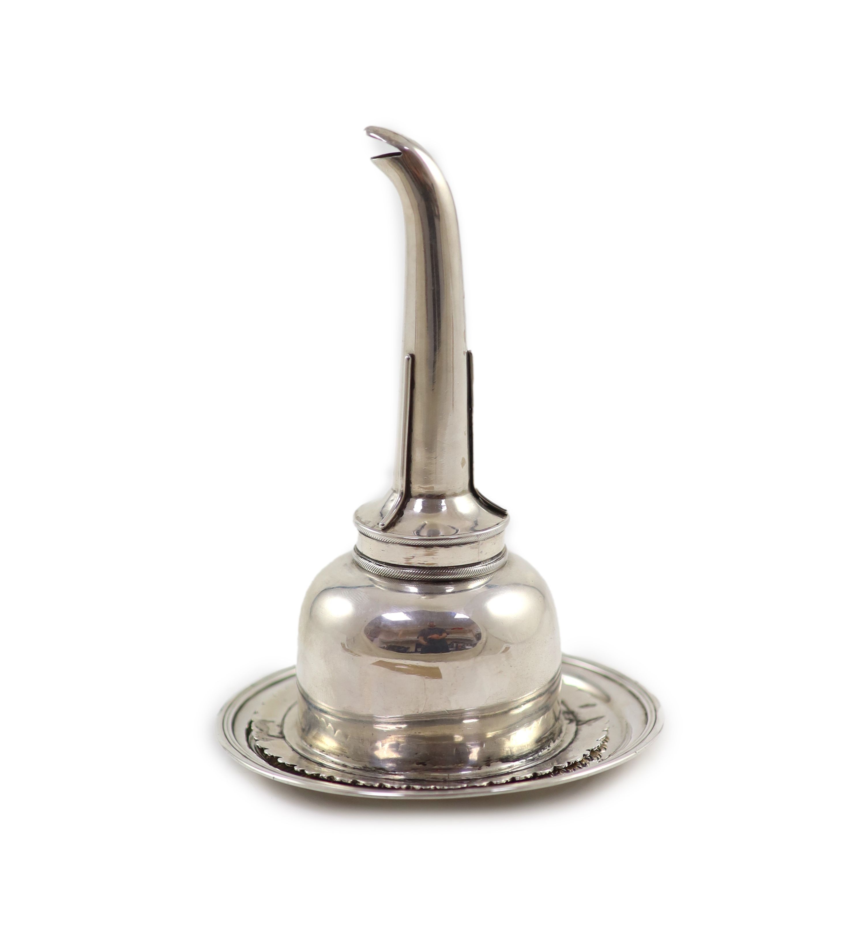 A George IV Scottish provincial silver wine funnel, R & R Keay, Perth, circa 1825, 15cm and an earlier George III silver Scottish wine funnel stand, John MacDonald, Glasgow, circa 1810,11.1cm